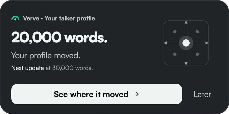 Verve notice: 20,000 words. Your profile moved. Next update at 30,000 words.